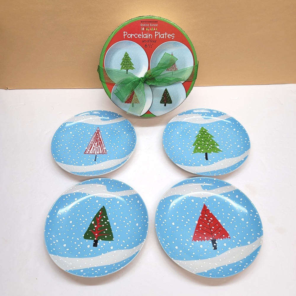 Boston Warehouse Festive Forest Porcelain Plate Set 4 Christmas Tree 07746 6.5in